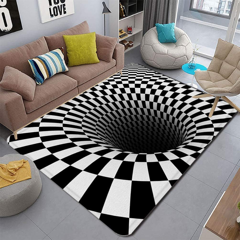 3D Carpet Bottomless Hole Optical Illusion Area Rug, Checkered